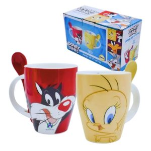 Tazas Silvestre Y Piolin Con Cuchara Looney Tunes Disney